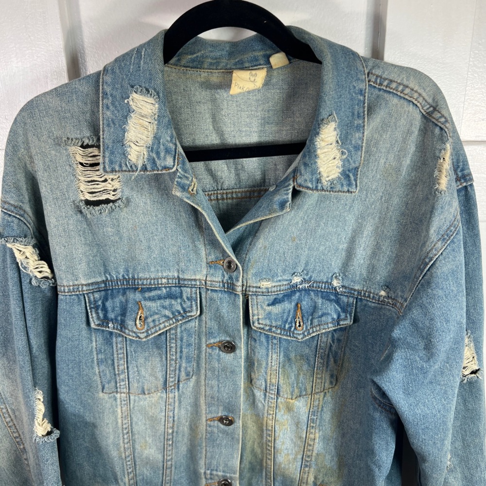 Pink Owl Miss Stressed Distressed Denim Jacket Light Wash IT20091 Small